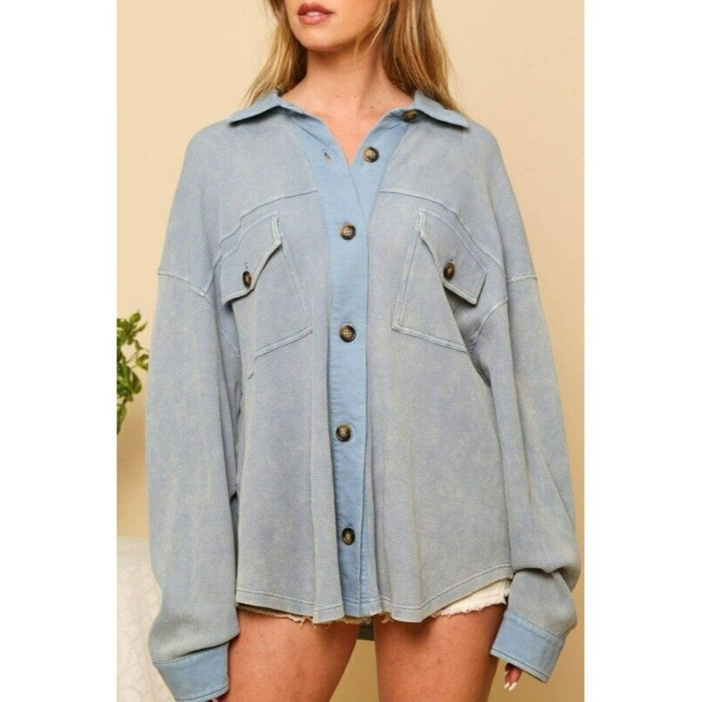 Peach Love CA Blue Fog Button Up Shirt Jacket Shacket Vintage Wash IKJ34335-01 - Picture 6 of 6